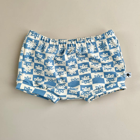 Cornflower blue check organic baby shorts handmade in the UK Emma Neale Handmade