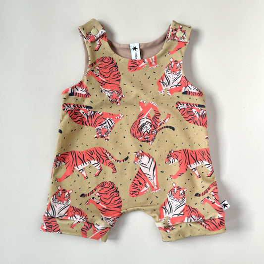 Khaki green tiger romper for babies handmade using organic fabric in the UK by Emma Neale 