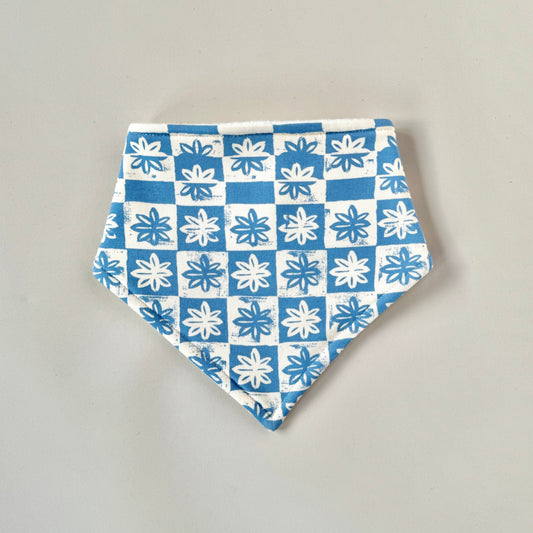 Floral bandana bib blue and cream check print bib handmade in the UK