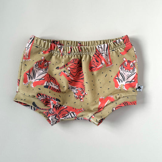 Khaki green tiger print baby shorts jersey kids shorts handmade in the UK Emma Neale Handmade 