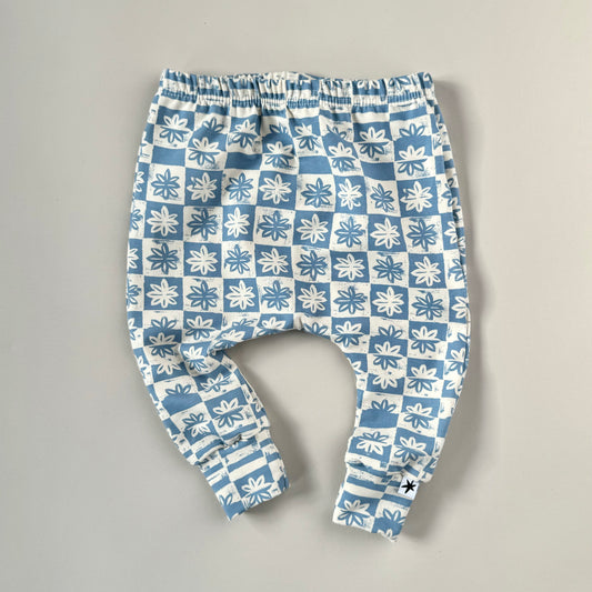 Blue floral check leggings for kids or babies handmade in the uk organic